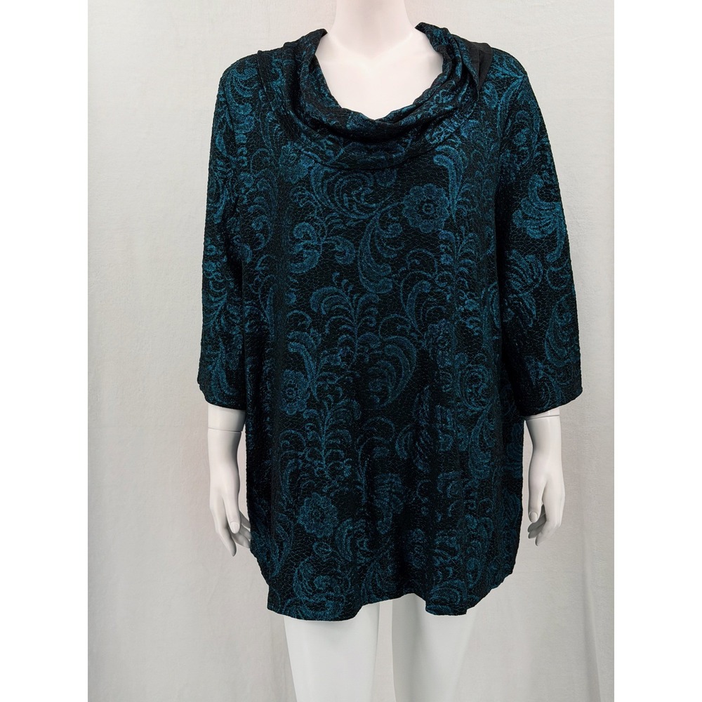 Catherines Top Womens 2X Teal Black Metallic Floral‎ Boho Artsy Office Mature